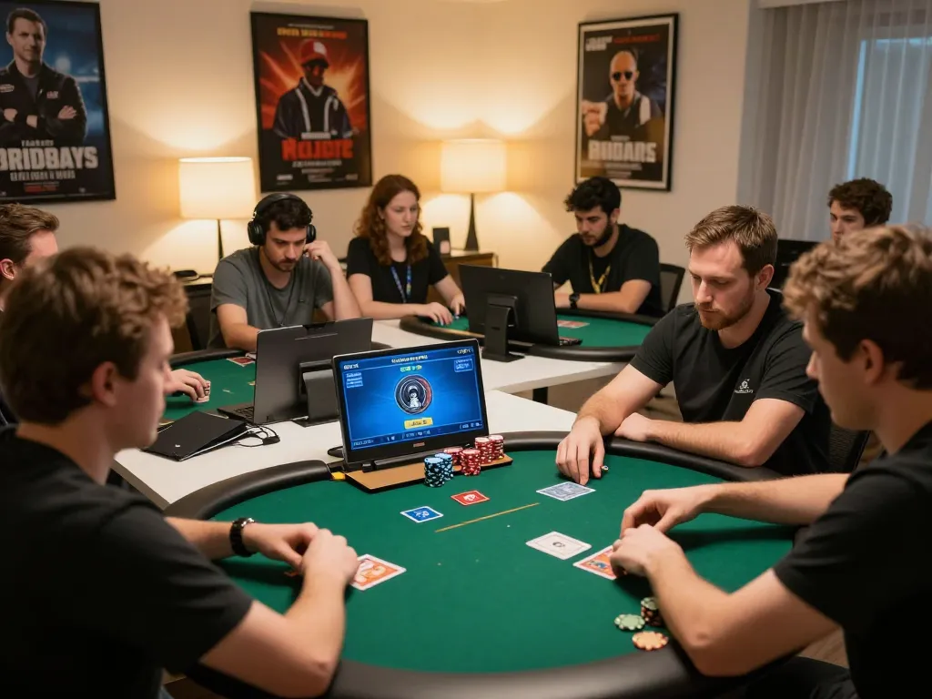 Online players strategizing poker moves on bags168 in a modern home office