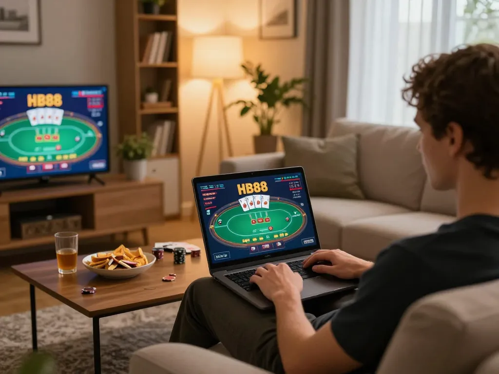 Player engaging in HB88 online casino gaming from home, showcasing strategic betting on a laptop.