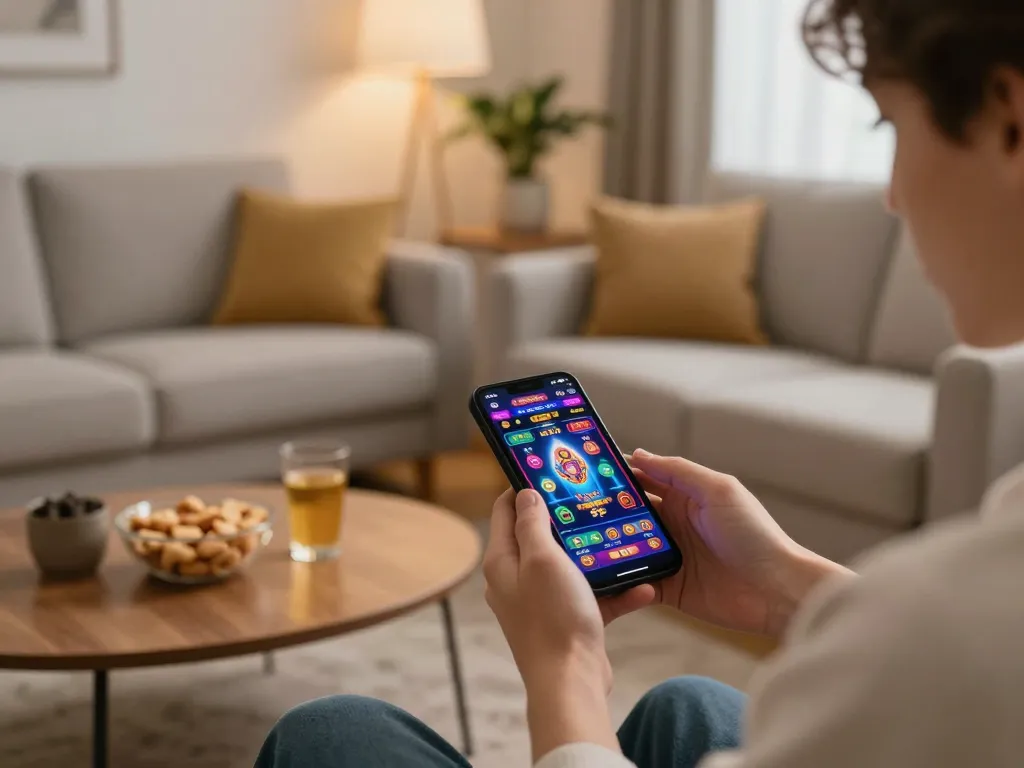 Player engaging with a mobile app on trang chủ dh88 while relaxing at home