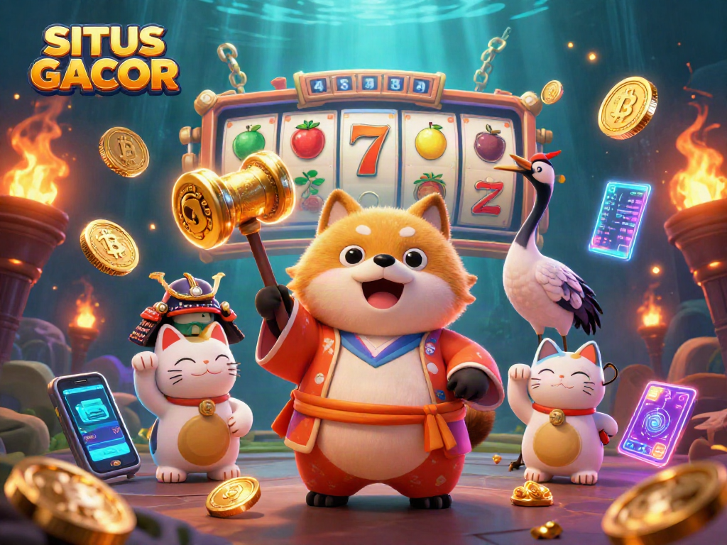 SITUS GACOR showcases a cheerful tanuki and crane in a dynamic casino scene with vibrant slot elements and crypto icons.