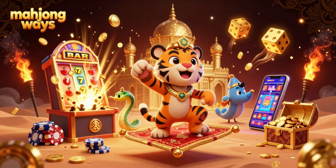Engage with Mahjong Ways, featuring a vibrant scene of a tiger sultan among rich casino elements like slot machines and gold.
