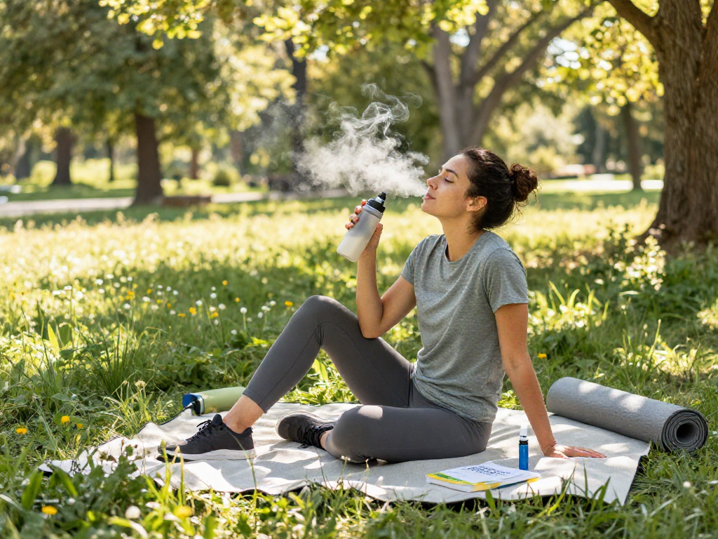 THC vape device beside a wellness guide in a serene outdoor setting, emphasizing organic and clean living.