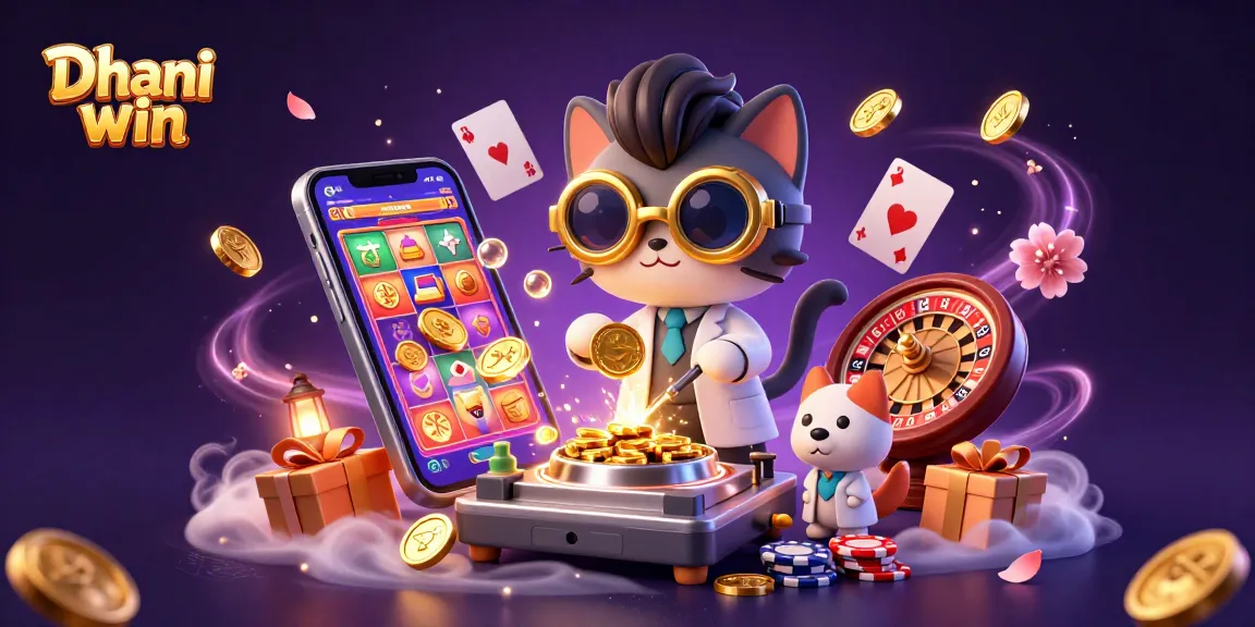 Dhani win game scene with a mad scientist cat and a dog creating gold coin magic in a casino lab.