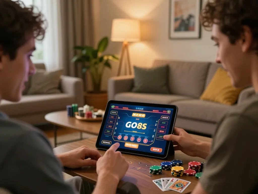 Engaging with go8s platform on tablet in a cozy online gaming setup