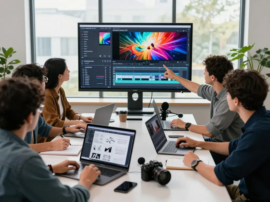 Creative team using Seedance 2.0 to generate engaging AI videos in a modern studio.
