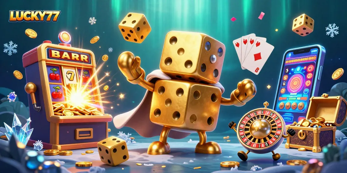 LUCKY77 showcases golden dice characters amidst a jackpot explosion and casino excitement.