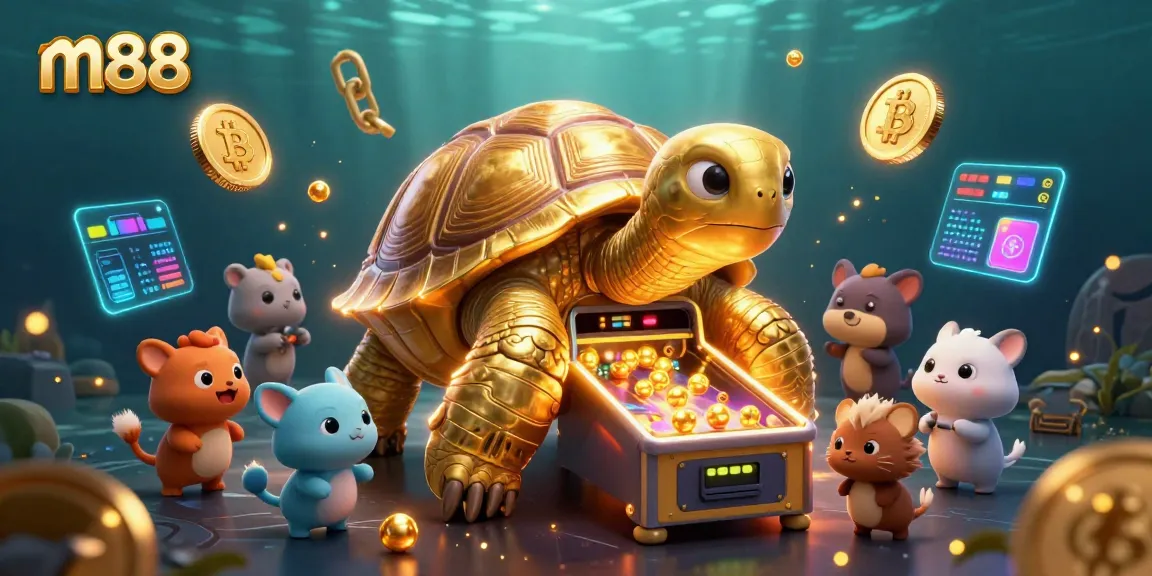 Engage with m88's thrilling casino experience featuring a golden tortoise pinball machine surrounded by glowing crypto coins.