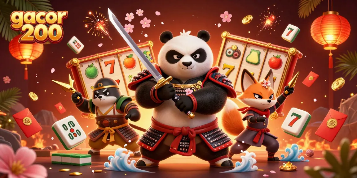 Experience excitement with gacor 200 as a samurai panda, ninja fox, and spirit tanuki enjoy vibrant slot games.