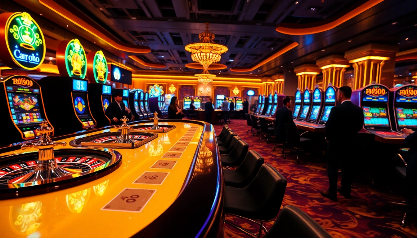 Experience thrilling gameplay at mm88.com with luxury casino tables and vibrant gaming atmosphere.