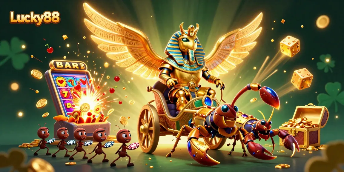 Experience the excitement of Lucky88, featuring a golden scarab beetle and vibrant casino symbols.