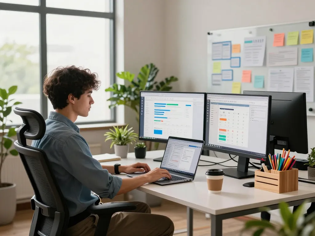 Dynamic workspace highlighting tech gadgets for productivity with monitors, stationery, and a professional atmosphere.