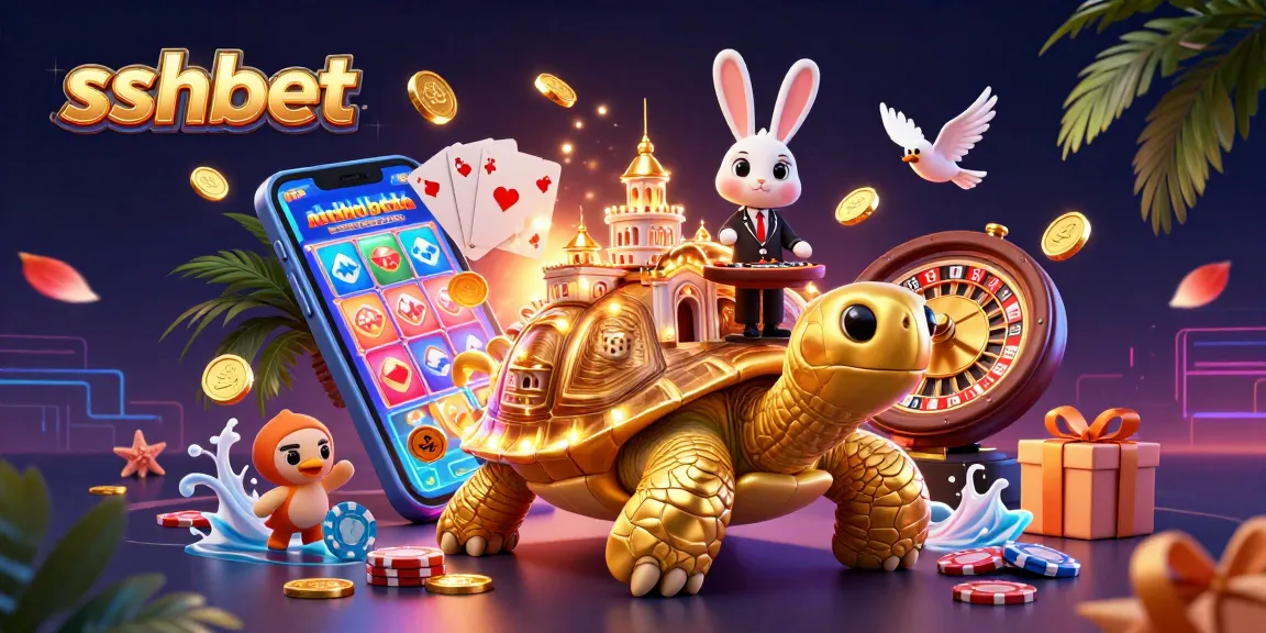 Play exciting games at sshbet with a golden tortoise casino and winning rabbits against a dynamic backdrop.