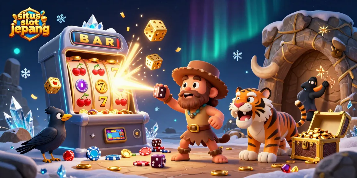Situs slot jepang showcases a vibrant casino scene with cartoon caveman and tiger winning big on slot machines.