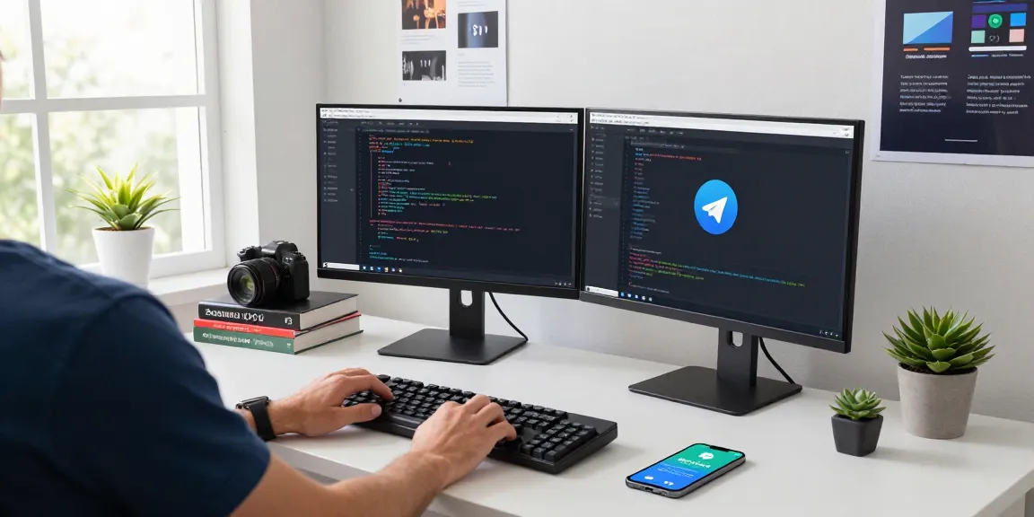 Telegram workspace showcasing advanced features of 纸飞机中文版 with dual monitors and modern decor.