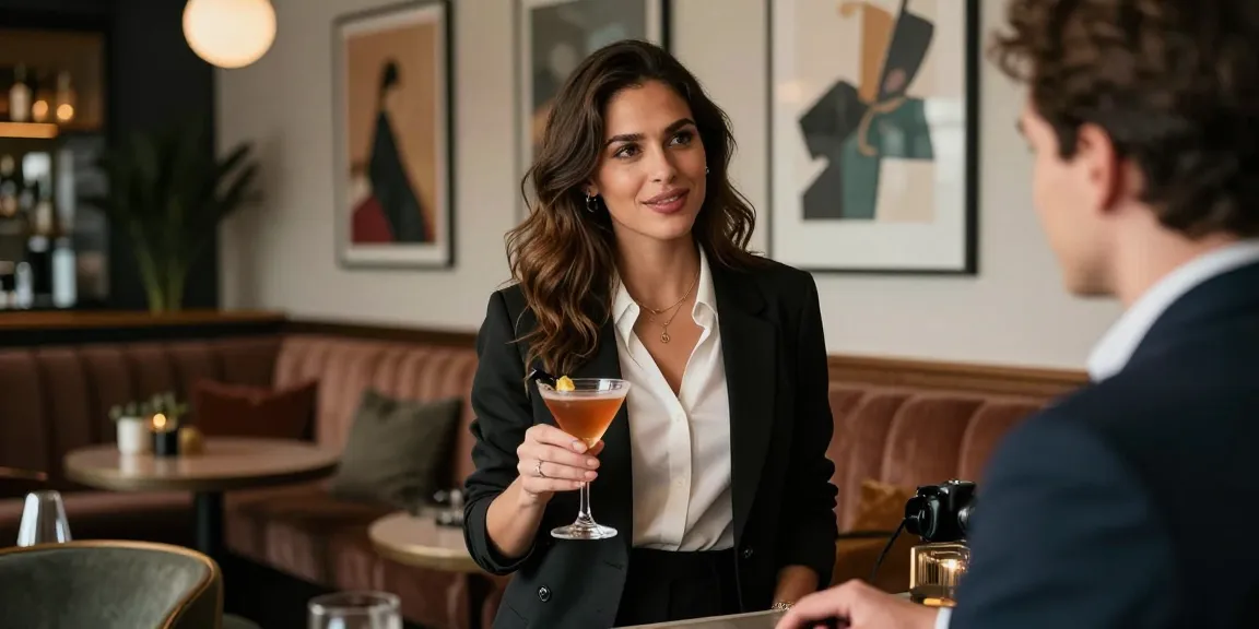 Call girl enjoying a sophisticated evening in a stylish lounge bar.