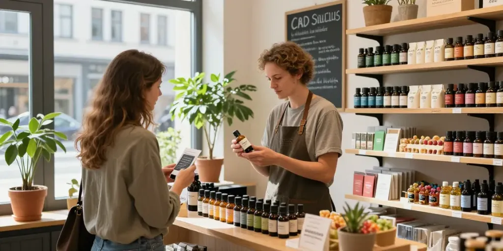 CBD shop köln with a shopkeeper assisting a customer, showcasing diverse CBD products in a warm, inviting atmosphere.