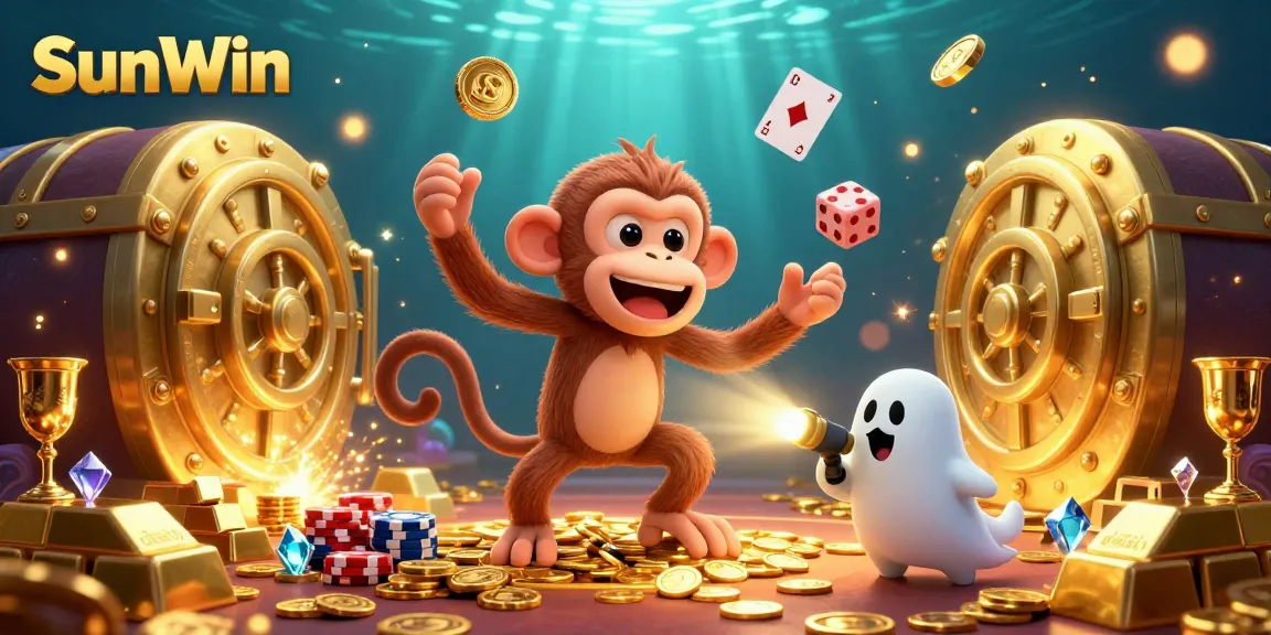Experience thrilling wins at SunWin's vibrant casino with a playful ghost-hunter puppy chasing a mischievous monkey.