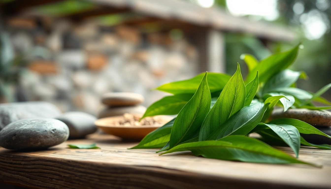 Kratom leaves elegantly arranged on a wooden table, showcasing their vibrant color and natural beauty.