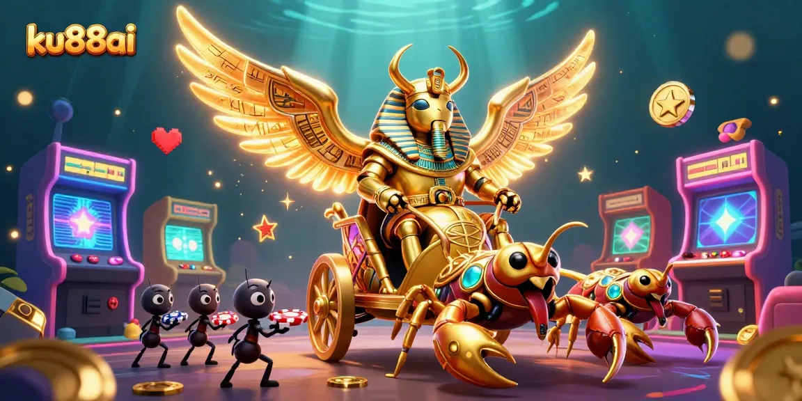 Explore exciting casino adventures with ku88ai featuring a grand golden scarab and vibrant game elements.