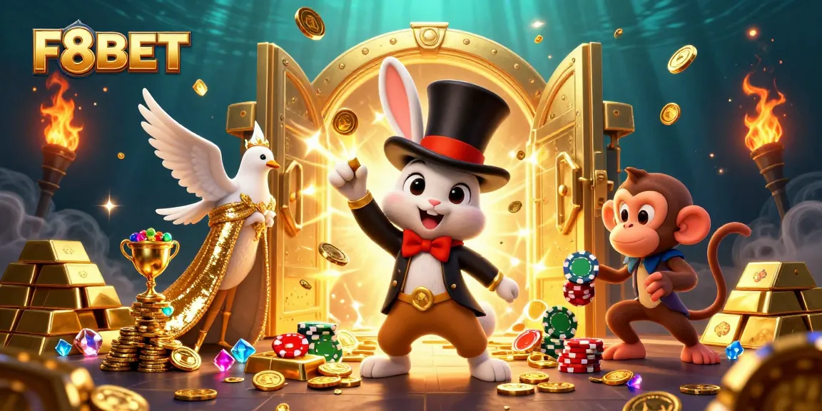 Engage with F8BET's vibrant casino world where luck meets excitement amidst golden treasures and playful characters.