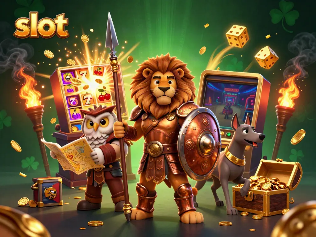 Experience thrilling slot action with a heroic 3D Spartan lion amidst explosion of coins and vibrant symbols.