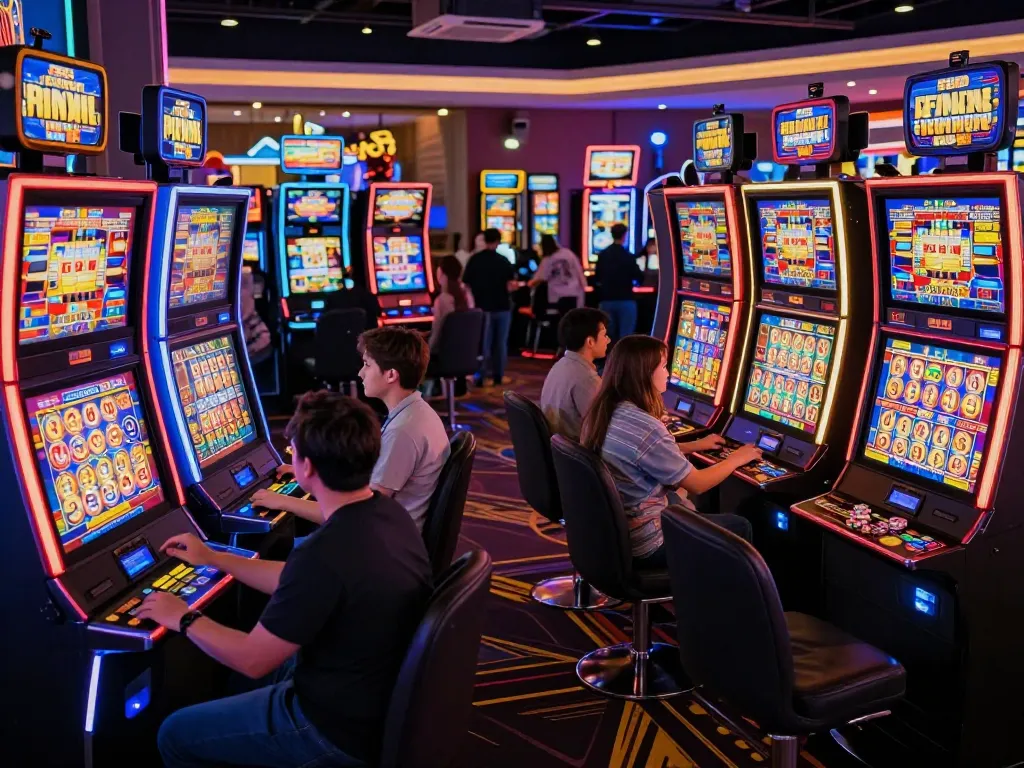Players enjoying bonus new member offers at an exciting casino slot machine area with colorful machines and vibrant atmosphere.