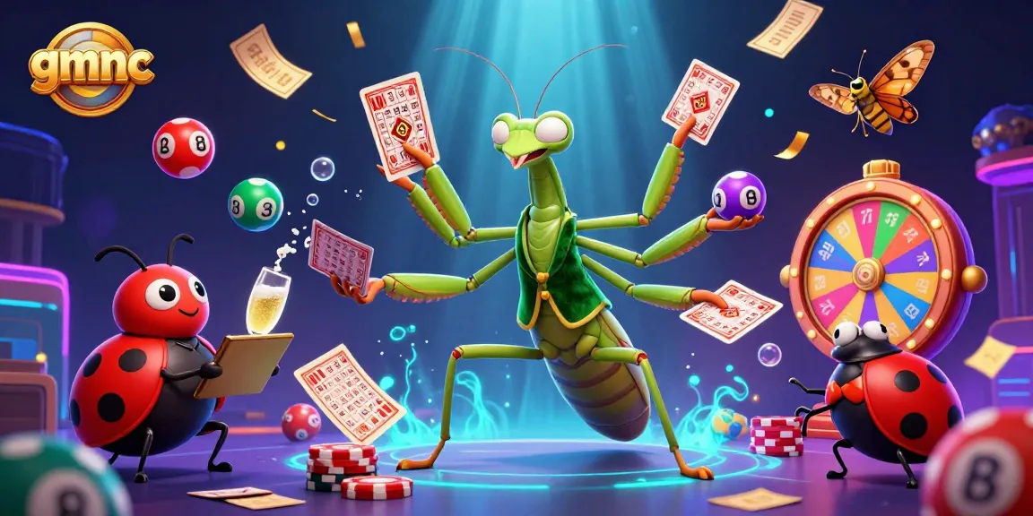 Experience thrilling gameplay as gmnc introduces a vibrant scene with characters dealing cards amidst colorful lottery elements.