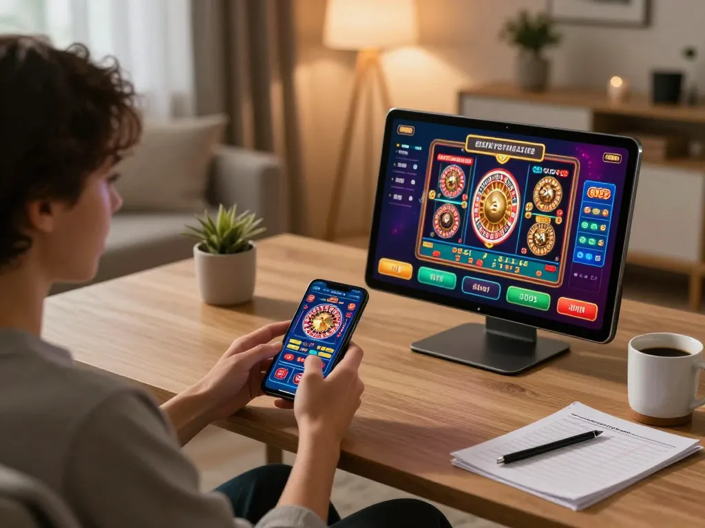 Engaging in fun88 mobile gaming with smartphone and tablet on a cozy desk setup.