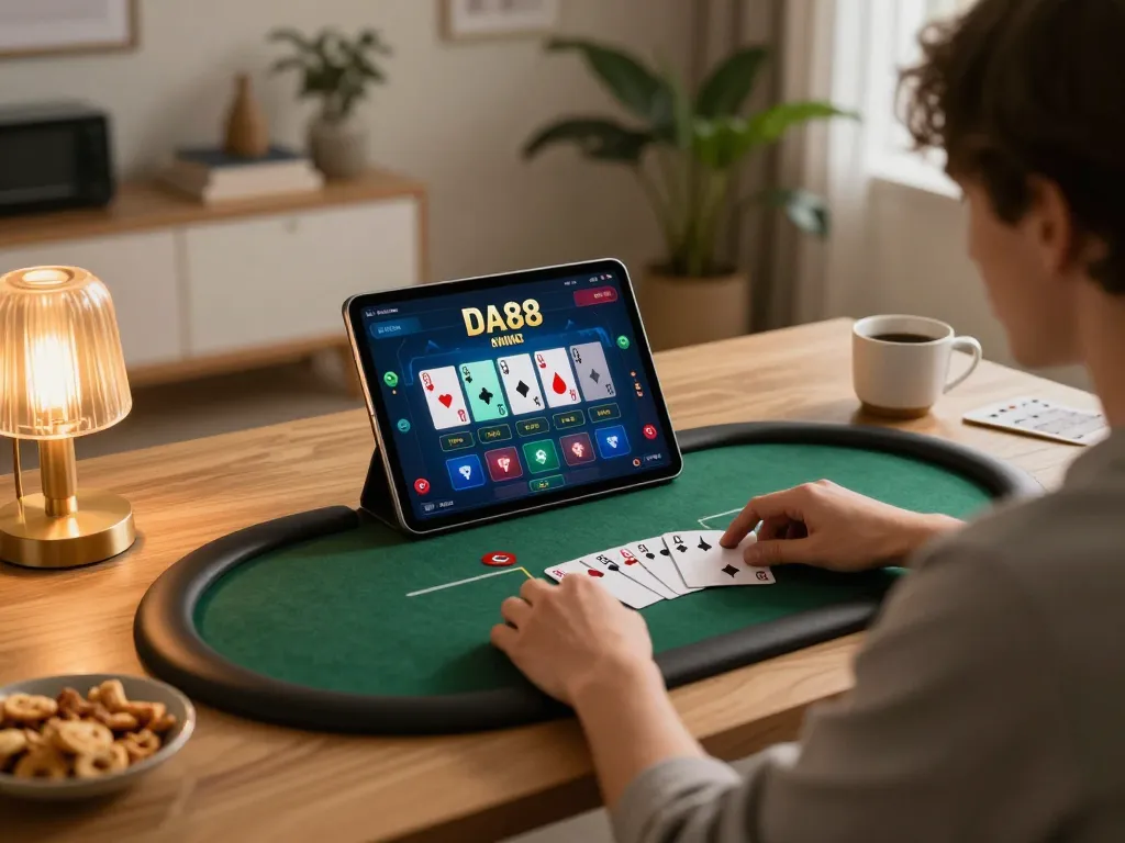 Person enjoying poker on DA 88 app in a cozy home environment with vibrant cards on screen