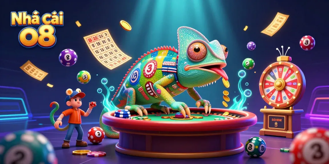 Engage at Nhà cái o8 with a vibrant casino scene featuring a chameleon owner and dynamic gambling elements.