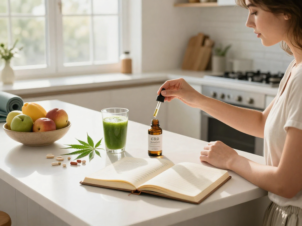 Top shelf flower delivery with premium CBD oil, natural wellness products, and hemp in a bright kitchen.