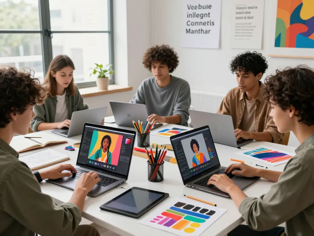 Artists collaborating on AI image editing with nano banana 2 in a vibrant creative studio.