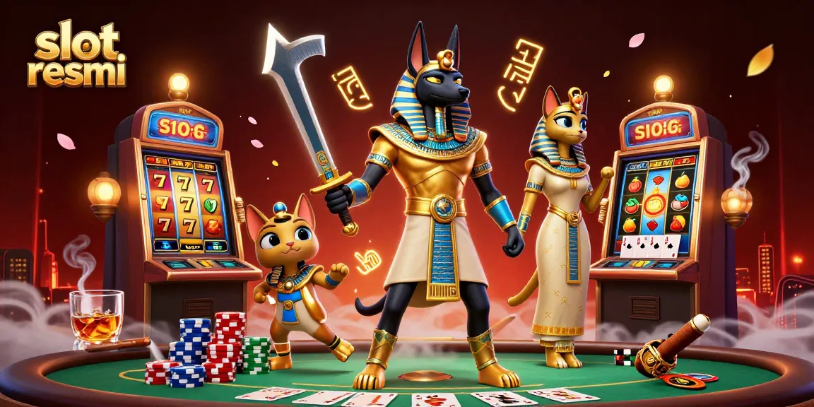 Rasakan keseruan dengan slot resmi melalui adegan kasino yang berwarna-warni dan dinamis yang menampilkan Anubis dan elemen bermain yang menyenangkan.