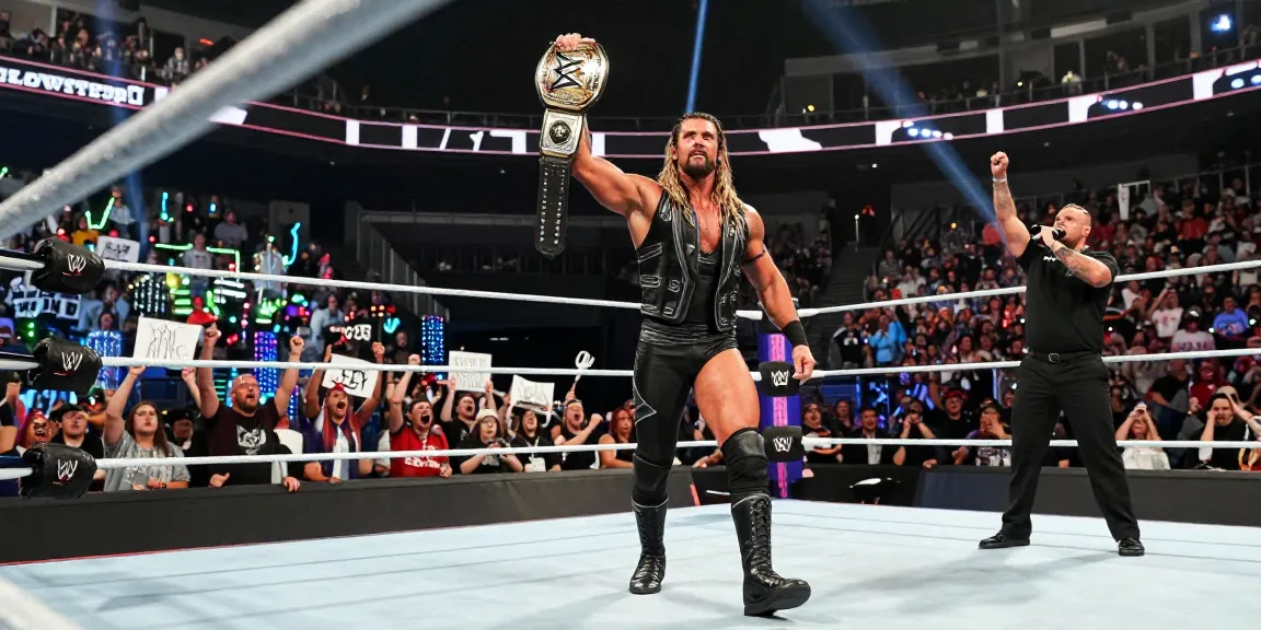 Roman Reigns title reign celebrated in electrifying arena with fans and championship belt raised high.