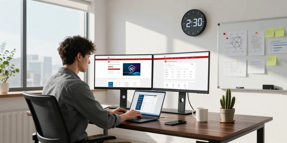 Dynamic office workspace showcasing the WPS Official Website on dual monitors, highlighting a productive atmosphere.