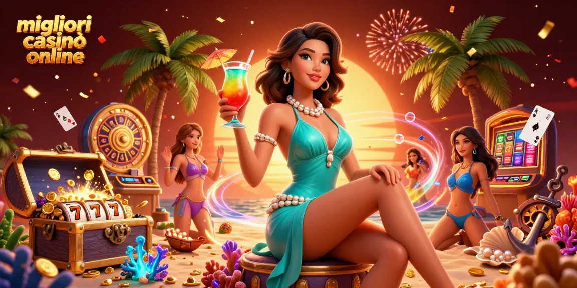 Vivi l'emozione con i migliori casinò online, con un personaggio glamour che si gode una scena di casinò tropicale.