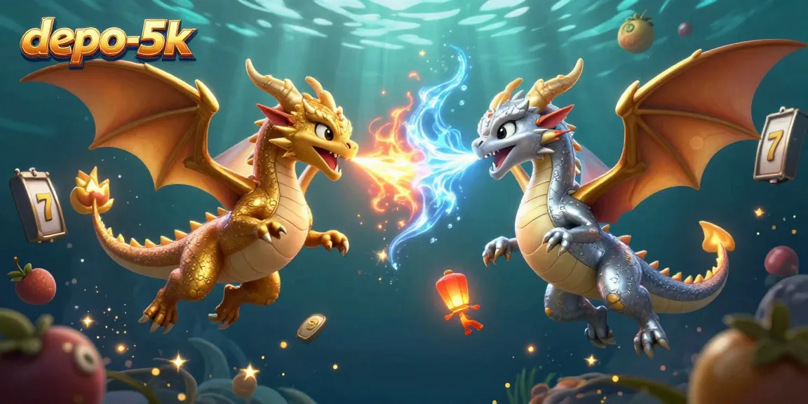 Embrace winning strategies with the depo-5k engaging slot game illustration depicting dragons, treasures, and vibrant elements.