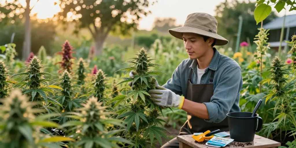 Cannabissamen kaufen in a vibrant outdoor garden with a gardener nurturing cannabis plants.