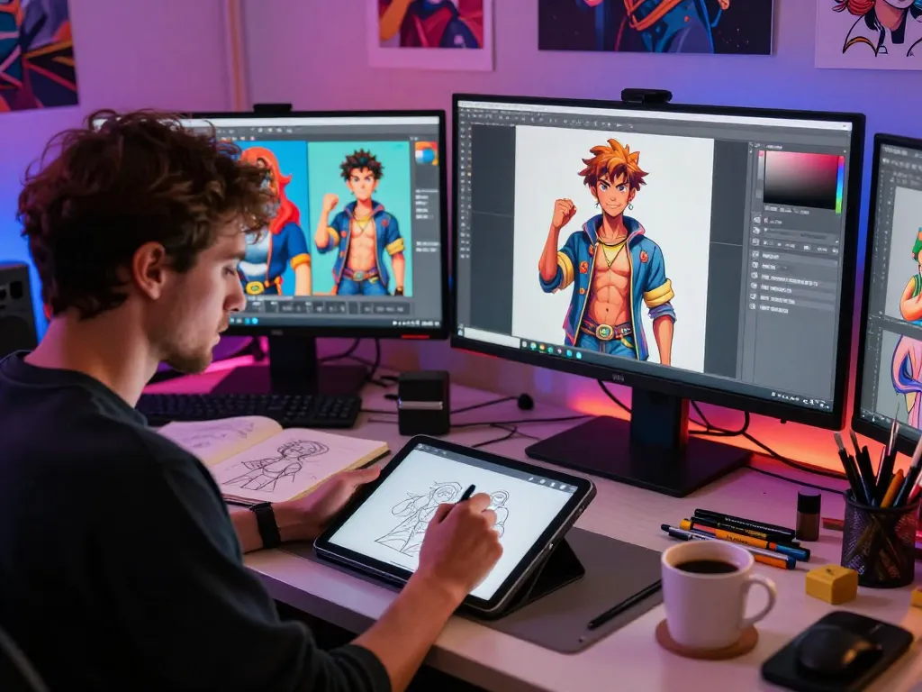 Creating NSFW AI character illustrations in a vibrant art studio.