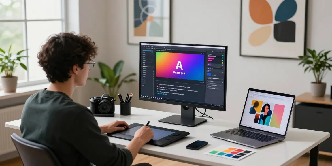 AI prompt image creation scene in a modern tech studio, showcasing an individual generating prompts from images amidst inspiring décor.