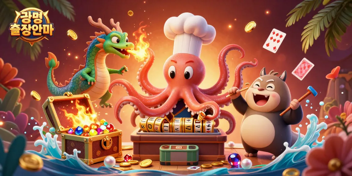 Experience thrilling 광명출장안마 with an octopus chef preparing jackpot reels amid floating cards.