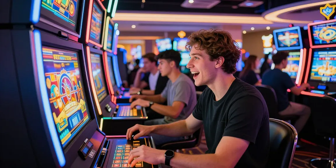 Exciting scene of a young man playing on a slot88 apk machine in a vibrant casino environment.