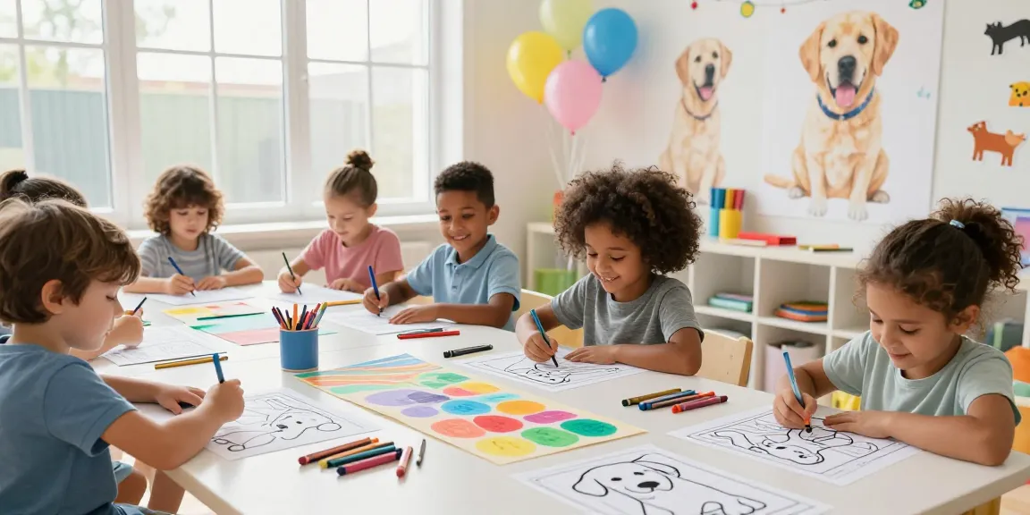 Educational coloring with children coloring Labrador Retriever pages in a bright art room.