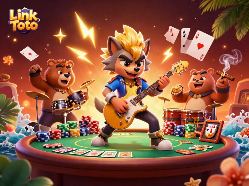 Permainan poker yang menegangkan dengan Link Toto menampilkan karakter animasi di panggung kasino.