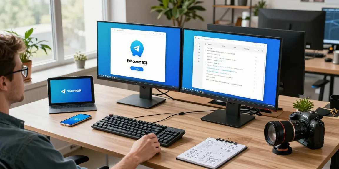 Developer at a tech workspace using telegram中文版, dual screens highlighting Telegram features, modern office lighting.