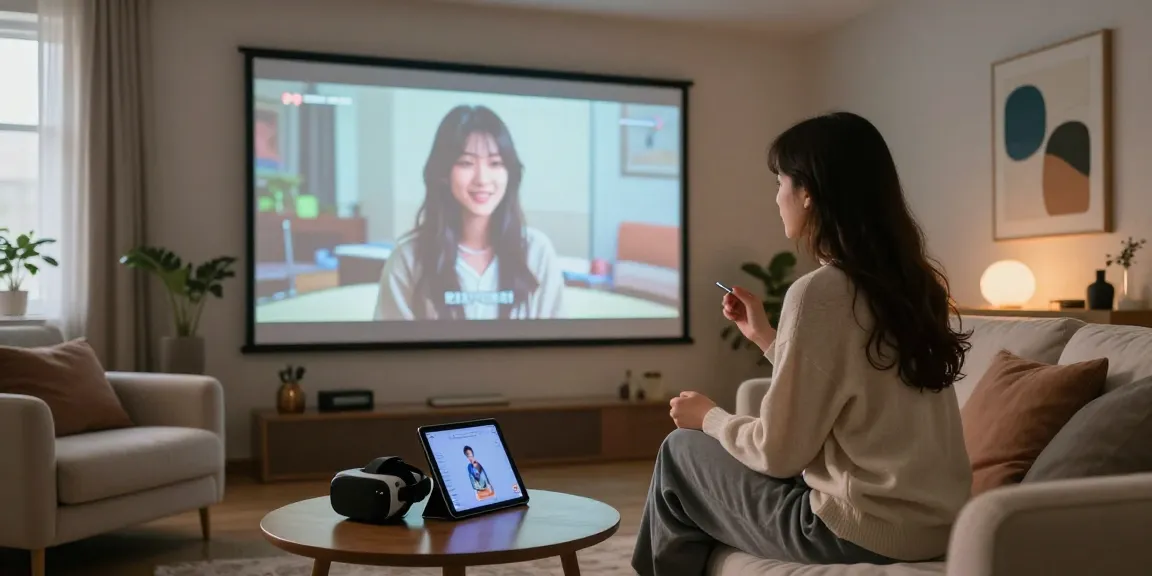AI NSFW character chat interaction in a cozy virtual lounge atmosphere.