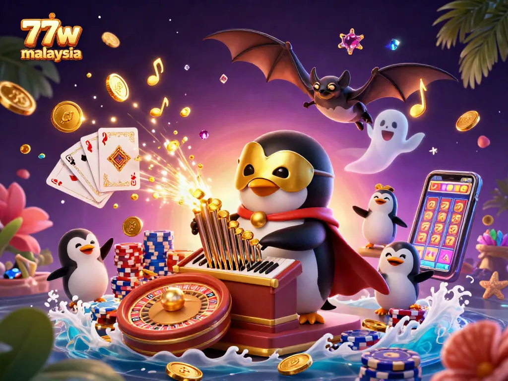 Win big with 77w malaysia in an enchanting 3D casino scene filled with golden treasures.