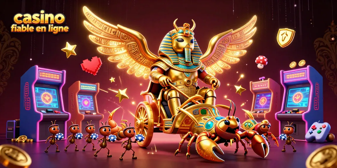 Venez découvrir le casino fiable en ligne avec une illustration captivante de scarabées en armure et des éléments de jeu.