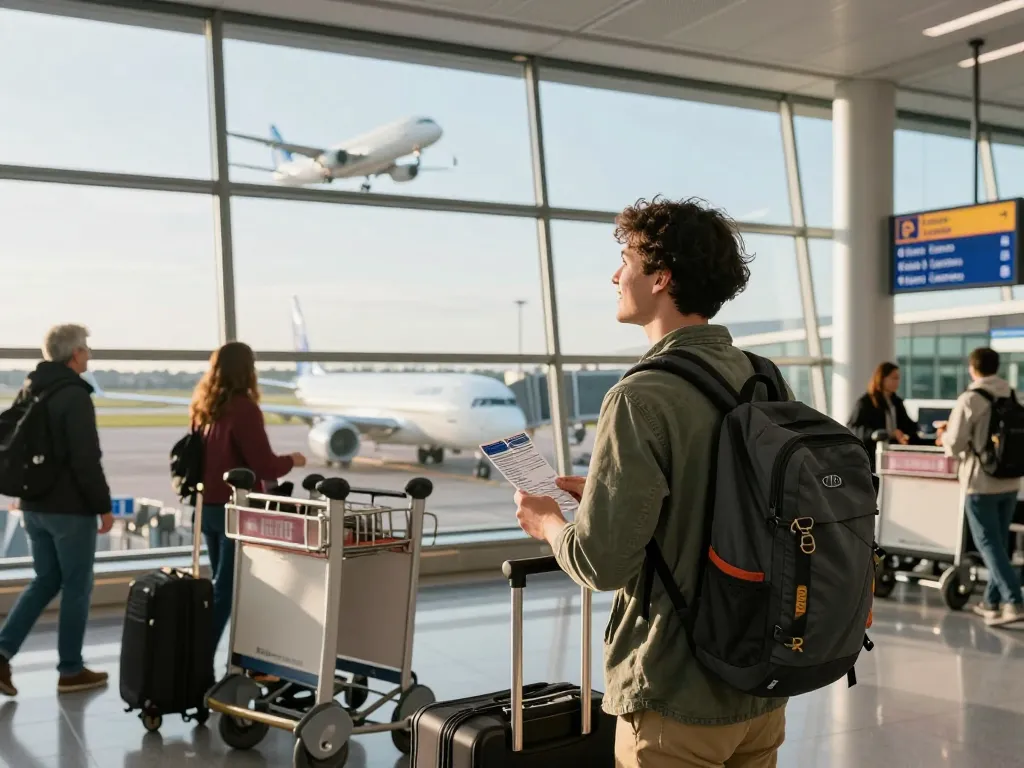 Traveler excited about Gatwick Airport from Halifax, watching planes take off.