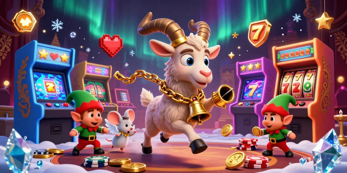 Experience the vibrant mubet casino scene featuring Krampus and mischievous elves among arcade games and holiday decor.